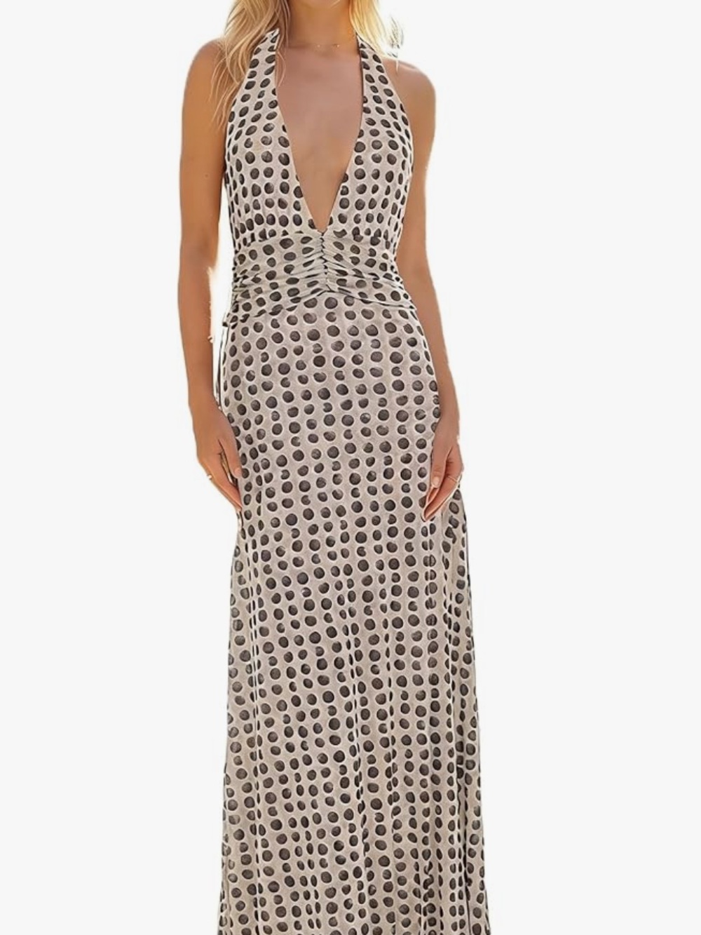 Plunging Halter White Polka Dot Maxi Dress, Sz Small
